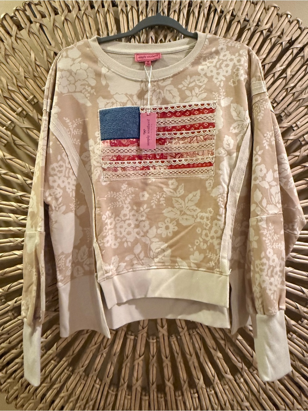 Simply Southern Cream Floral Crewneck Sweatshirt with Flag Patch